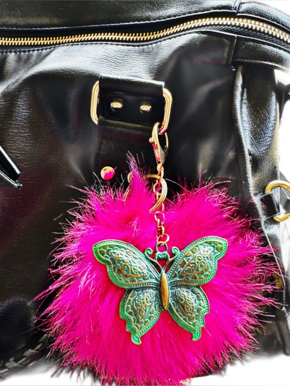 Fuchsia Faux Fur Pom Keychain with Large Ornate Patina Turquoise Butterfly Charm